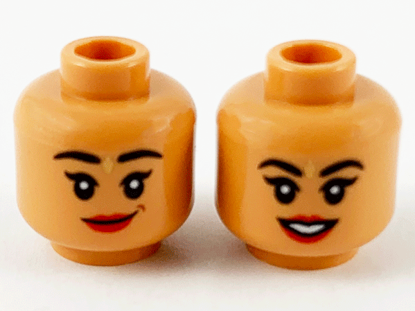 Minifigure, Head Dual Sided Female, Black Eyebrows, Gold Bindi, Red Lips, Lopsided Grin / Open Smile Pattern