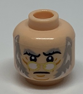 Minifigure, Head Black and Light Bluish Gray Eyebrows, Gold Glasses, Chin Lines, Light Bluish Gray and White Sideburns Pattern
