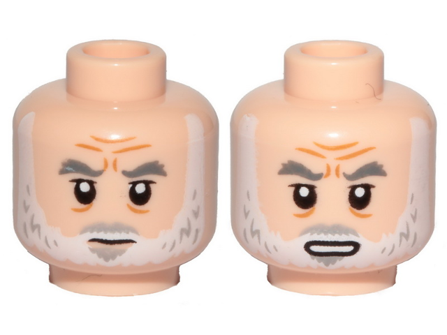Minifigure, Head Dual Sided Dark Bluish Gray Bushy Eyebrows, Black Upper Eyelids, White Full Beard with Light Bluish Gray Moustache and Soul Patch, Nougat Wrinkles, Furrowed Brow, Stern / Open Mouth with Teeth Pattern