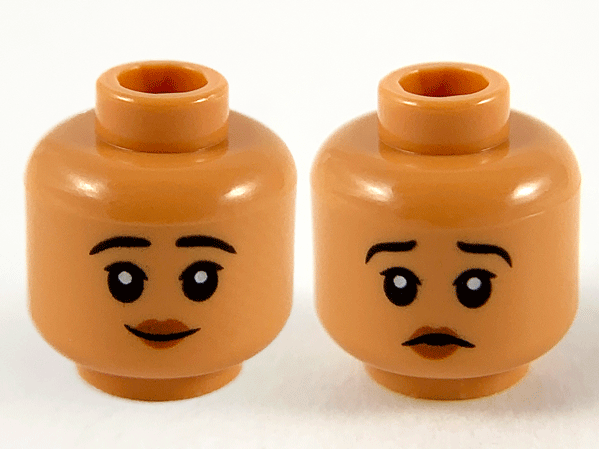 Minifigure, Head Dual Sided Child Female Black Eyebrows, Red Lips, Smile / Worried Pattern