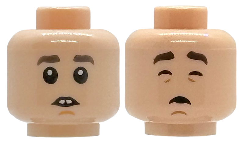 Minifigure, Head Dual Sided Child Dark Brown Eyebrows, Medium Nougat Chin Dimple, Neutral Open Mouth with Buck Teeth / Sleeping with Eyebrows Raised Pattern