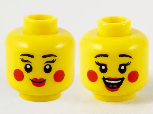Minifigure, Head Dual Sided Female Black Eyebrows, Eyelashes, Red Lips and Circles on Cheeks, Grin / Open Mouth Smile with Top Teeth and Tongue Pattern