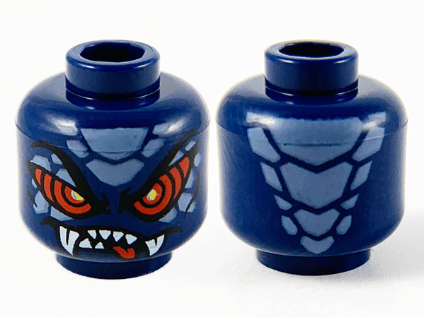 Minifigure, Head Alien Sand Blue Scales, Large Red Eyes, Sharp Teeth and Fangs Pattern