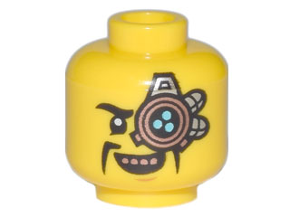 Minifigure, Head Copper and Silver Mechanical Eye Patch, Black Moustache Fu Manchu, Copper Teeth Pattern