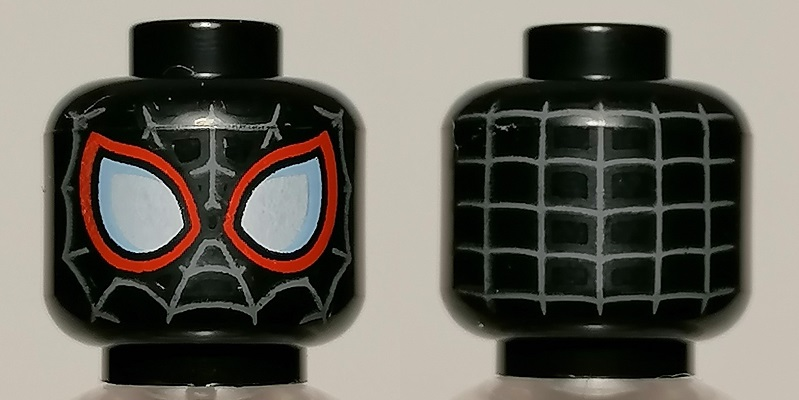 Minifigure, Head Alien with Spider-Man Dark Bluish Gray Webbing, Large White Eyes with Bright Light Blue Edges and Red Borders Pattern
