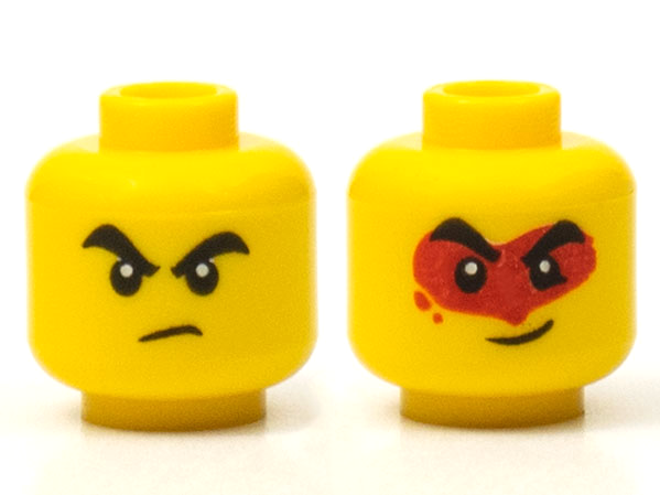 Minifigure, Head Dual Sided Thick Black Eyebrows, Angry / Lopsided Grin with Red Face Paint Pattern