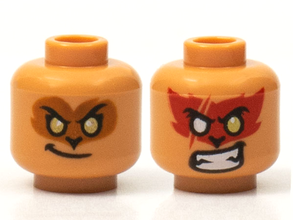 Minifigure, Head Dual Sided Alien Black Eyebrows, Gold Eyes, Smirk with Medium Nougat Face / Angry Bared Teeth with Red Face Paint and White Right Eye with Scar Pattern
