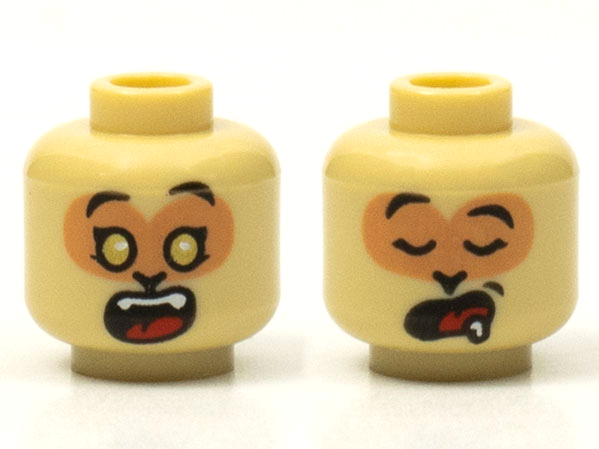 Minifigure, Head Dual Sided Alien Black Eyebrows, Nougat Face, Gold Eyes and Surprised Open Mouth with Top Teeth and Red Tongue / Sleeping with Drool Pattern