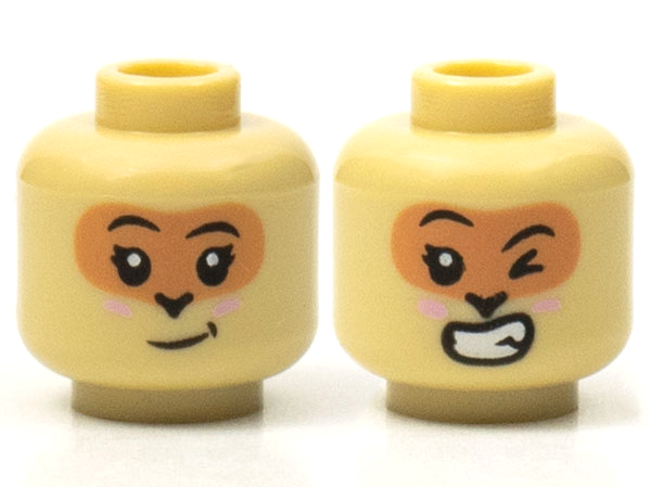 Minifigure, Head Dual Sided Alien Female Black Eyebrows, Eyelashes, Nougat Face, Bright Pink Cheeks, Lopsided Grin with Dimple / Wink and Open Mouth Smile with Teeth Pattern