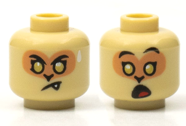Minifigure, Head Dual Sided Alien Black Eyebrows, Gold Eyes, Nougat Face, Neutral with Fang and Sweat Drop / Surprised Open Mouth with Red Tongue Pattern