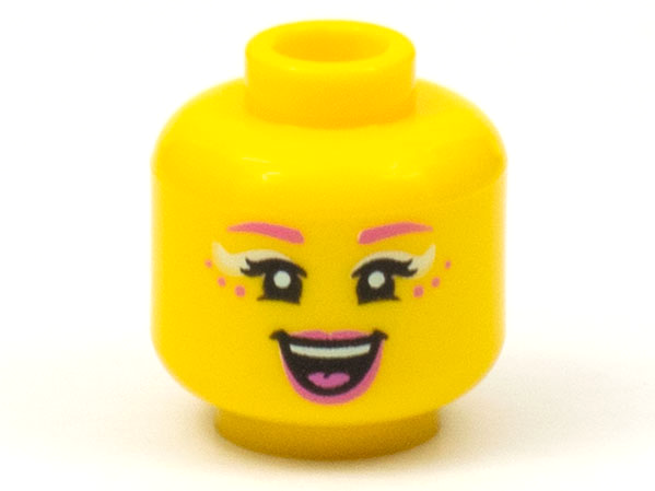 Minifigure, Head Female Dark Pink Eyebrows, Freckles, Lips, and Tongue, Light Aqua Eye Shadow, Open Mouth Smile Pattern