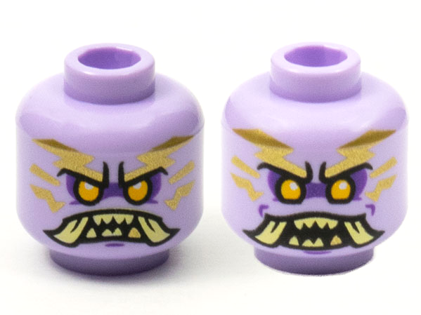 Minifigure, Head Dual Sided Alien Ninjago Islander with Gold Tattoos, Bright Light Orange Eyes, Dark Purple Eye Shadow, Tan Teeth and Tusks, Closed Mouth / Open Mouth Pattern