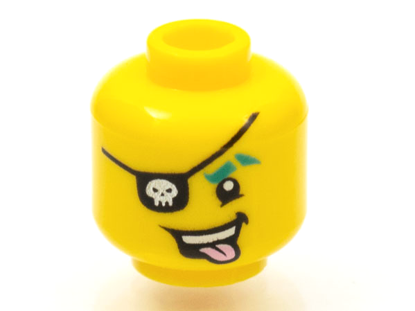 Minifigure, Head Black Eye Patch with Gold Skull, Dark Turquoise Eyebrow and Bright Pink Tongue Pattern