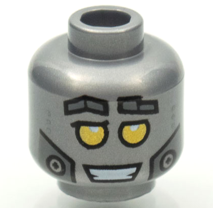 Minifigure, Head Robot Dark Silver Eyebrows, Dots, and Cheek Panels, Gold Eyes, Open Mouth Smile with Teeth Pattern