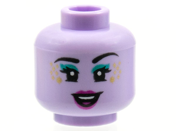 Minifigure, Head Female Black Eyebrows, Eyelashes, Dark Turquoise Eye Shadow, Gold Sparkles, Magenta Lips, Open Mouth Smile with Top Teeth and Tongue Pattern