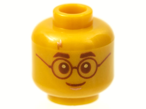 Minifigure, Head Copper Lightning Scar, Reddish Brown Eyebrows, Eyes, Glasses and Grin Pattern