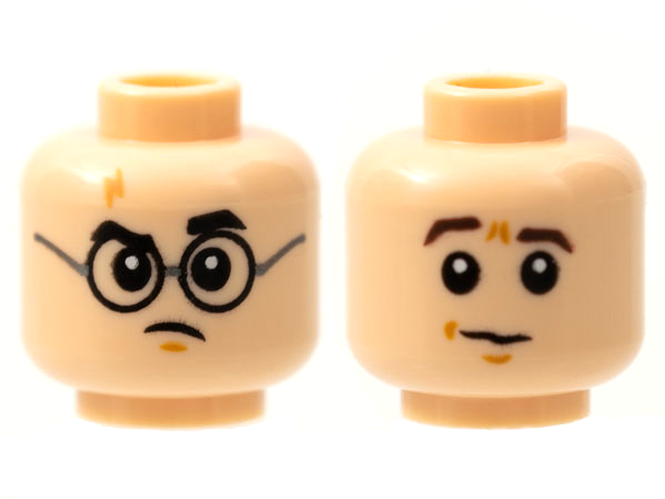 Minifigure, Head Dual Sided Medium Nougat Scar, Black Eyebrows and Glasses / Dark Brown Eyebrows Right Raised Pattern