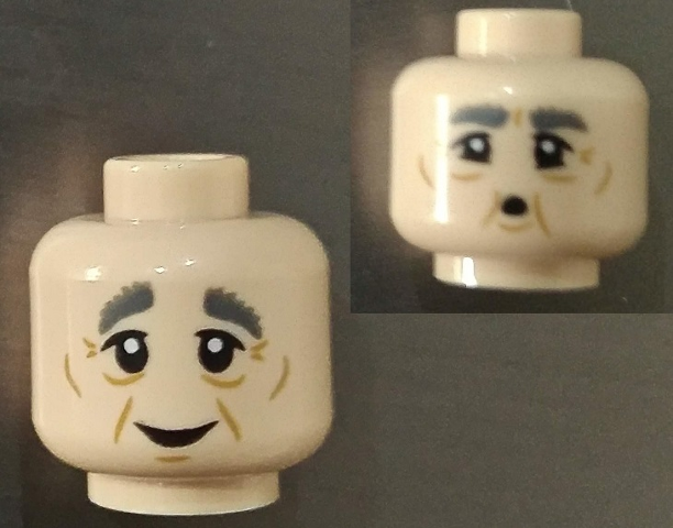 Minifigure, Head Dual Sided Dark Bluish Gray Eyebrows, Eye Bags, Cheek Lines, Wrinkles and Smile / Whistling Pattern