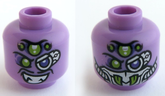 Minifigure, Head Dual Sided Male, Lime and Dark Purple Eyes and Grin with Fangs / Silver Breathing Apparatus Pattern