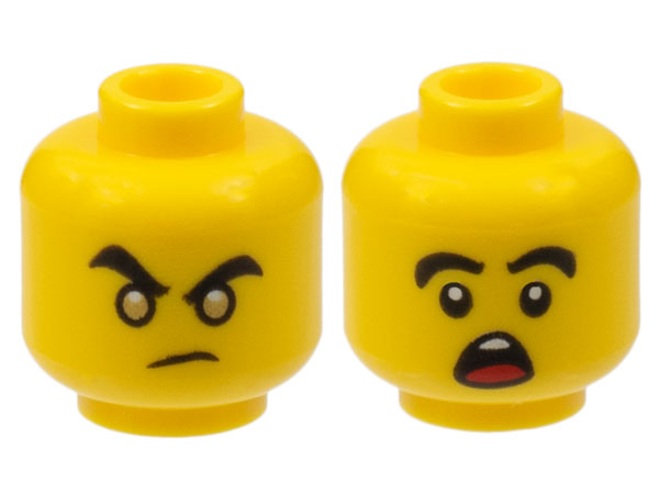 Minifigure, Head Dual Sided Male, Gold Eyes and Determined Eyebrows / Shocked Open Mouth Pattern