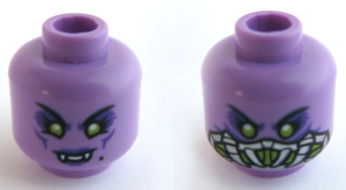 Minifigure, Head Dual Sided Female, Lime Eyes and Dark Purple Lips with Fangs / Silver and Lime Breathing Apparatus Pattern