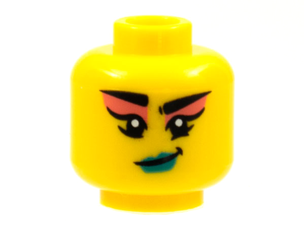 Minifigure, Head Female Black Eyebrows, Coral Eye Shadow, Smirk with Dark Turquoise Lips Pattern