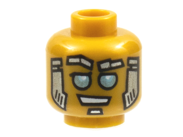Minifigure, Head Alien Robot Silver Eyebrows and Soul Patch, Gold Sideburns, and Metallic Light Blue Eyes Pattern