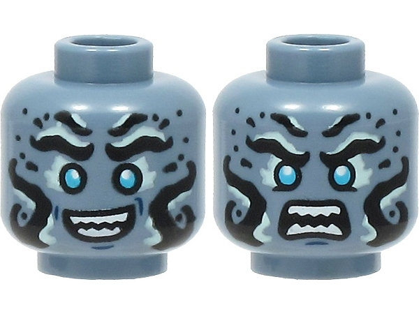 Minifigure, Head Dual Sided Alien with Black and Light Aqua Eyebrows and Markings, Medium Azure Eyes, Open Mouth Smile / Angry with Bared Teeth Pattern