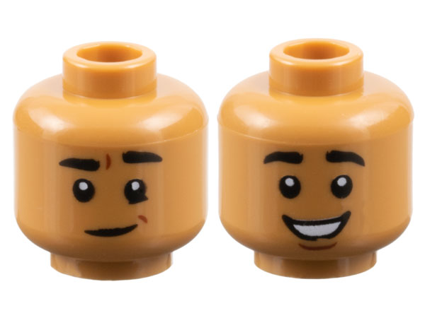 Minifigure, Head Dual Sided Male Black Eyebrows, Lopsided Grin with Dimple / Open Mouth Smile with Teeth, Chin Dimple Pattern