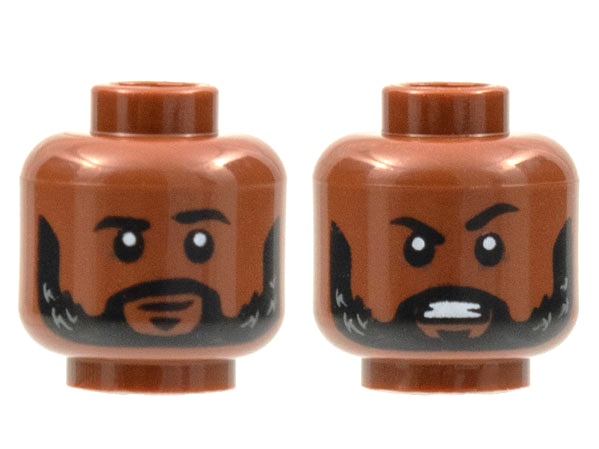 Minifigure, Head Dual Sided Black Eyebrows and Beard with Light Bluish Gray Highlights, Neutral / Angry Pattern