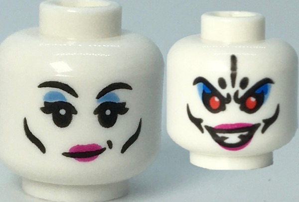 Minifigure, Head Dual Sided Female, Black Eyebrows and Cheek Lines, Magenta Lips, Medium Blue Eye Shadow / Evil Open Mouth Grin and Red Eyes Pattern