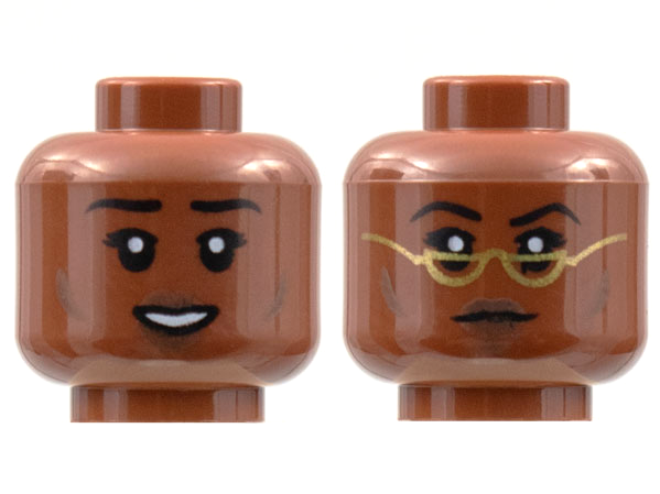 Minifigure, Head Dual Sided Female, Black Eyebrows, Dark Brown Cheek Lines and Lips, Open Smile / Neutral with Gold Glasses Pattern