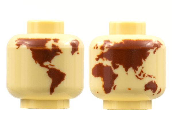 Minifigure, Head without Face with Reddish Brown Globe World Map without Japan and Hawaii Pattern