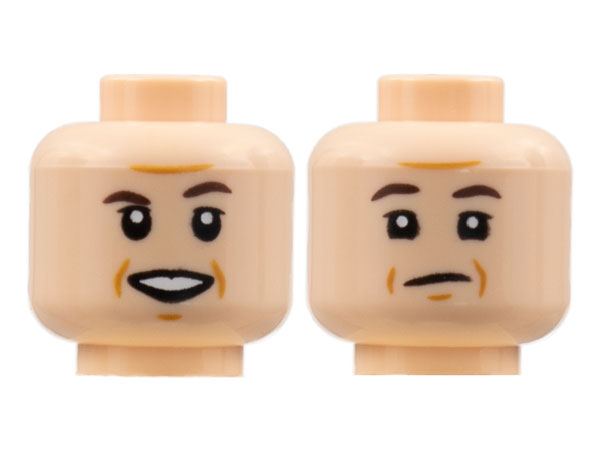 Minifigure, Head Dual Sided Dark Brown Eyebrows, Dark Orange Brow Furrows and Jowel Lines, Smile / Neutral Pattern