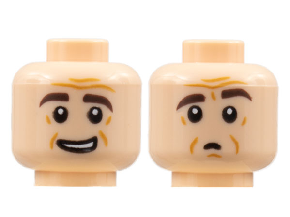 Minifigure, Head Dual Sided Dark Brown Eyebrows, Dark Orange Brow Furrows, Lopsided Grin / Confused with Raised Eyebrow Pattern
