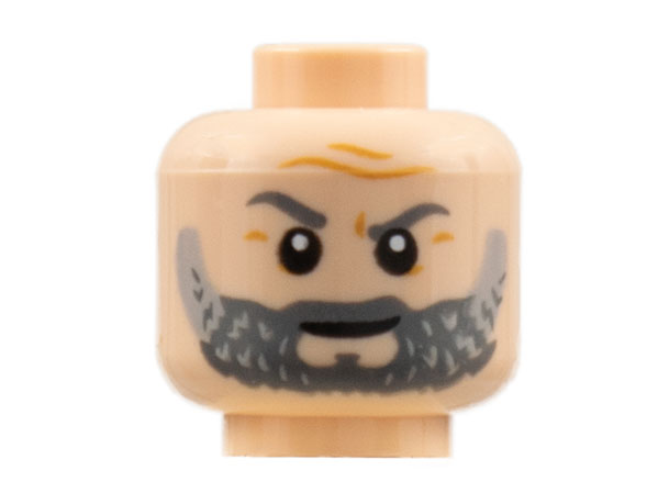 Minifigure, Head Dark Orange Brow Furrows, Dark Bluish Gray Eyebrows and Beard, Light Bluish Gray Highlights Pattern