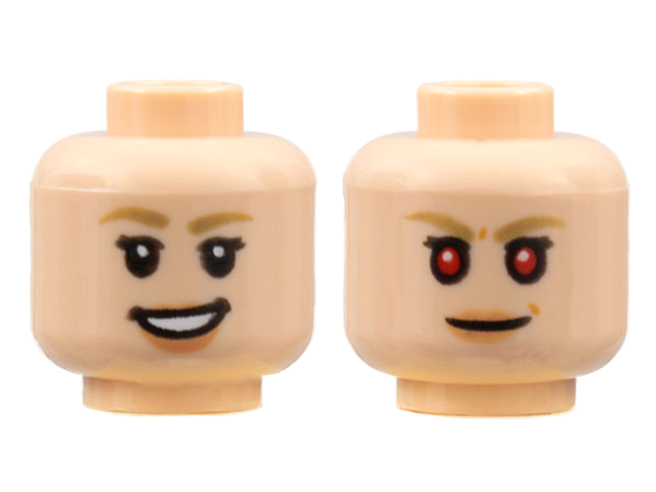 Minifigure, Head Dual Sided Female, Medium Nougat Eyebrows, Peach Lips, Smile with Teeth / Neutral with Red Eyes Pattern