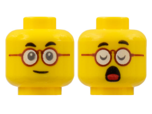 Minifigure, Head Dual Sided Black Eyebrows, Dark Red Round Glasses, Neutral / Closed Eyes and Open Mouth with Red Tongue Pattern