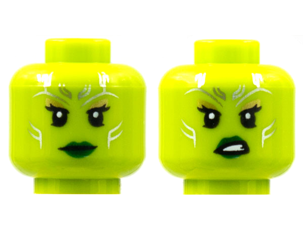 Minifigure, Head Dual Sided Alien Female Silver Tattoos, Gold Eye Shadow, Dark Green Lips, Neutral / Sneer Pattern