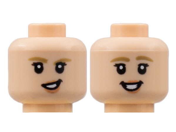 Minifigure, Head Dual Sided Female, Dark Tan Eyebrow, Medium Nougat Lips, Lopsided Grin / Smile with Teeth Pattern