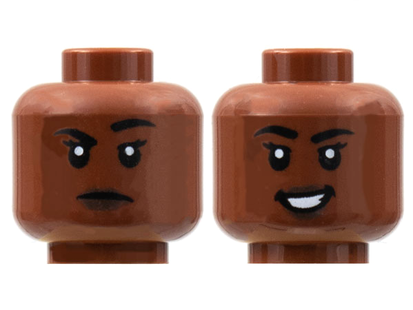 Minifigure, Head Dual Sided Female, Black Eyebrows, Dark Brown Lips, Raised Right Eyebrow / Smile with Teeth Pattern