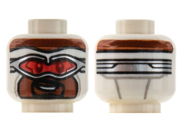 Minifigure, Head Balaclava, Reddish Brown Face, Silver Goggles with Red Lenses, Smile with Teeth, Black Goatee Pattern