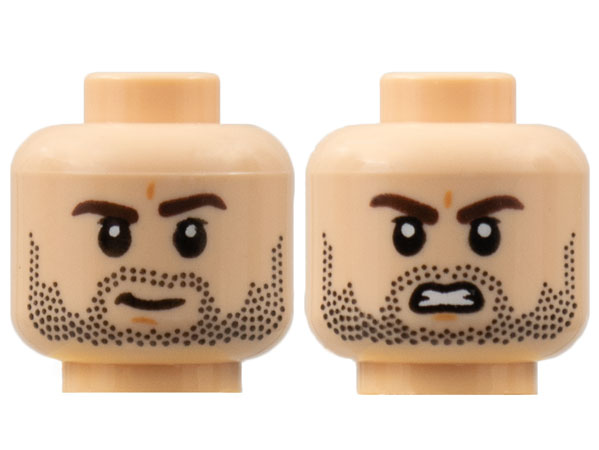 Minifigure, Head Dual Sided Dark Brown Eyebrows, Black Stubble, Slight Grin / Scowl with Gritted Teeth Pattern