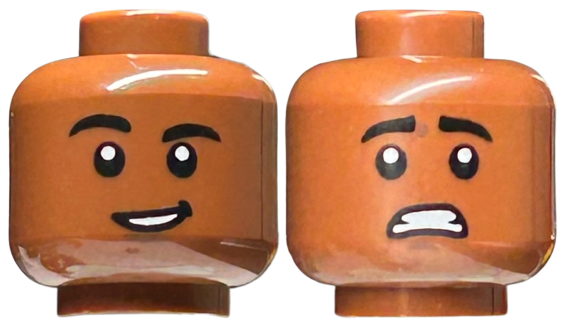 Minifigure, Head Dual Sided Black Eyebrows, Dark Brown Chin Dimple, Lopsided Open Mouth Smile with Teeth / Scared Pattern