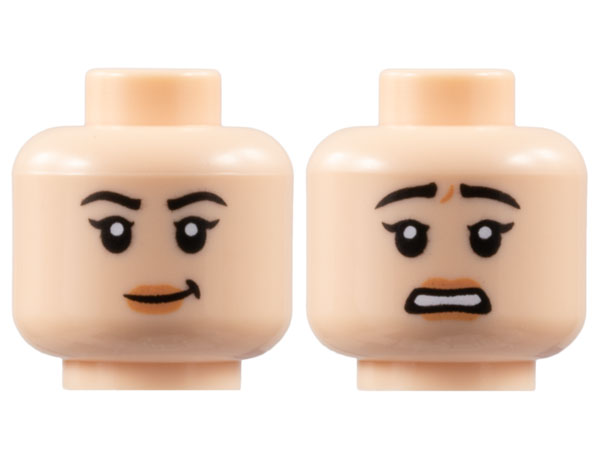 Minifigure, Head Dual Sided Female Black Eyebrows, Single Eyelashes, Nougat Lips, Lopsided Grin with Dimple / Scared Open Mouth with Teeth Pattern