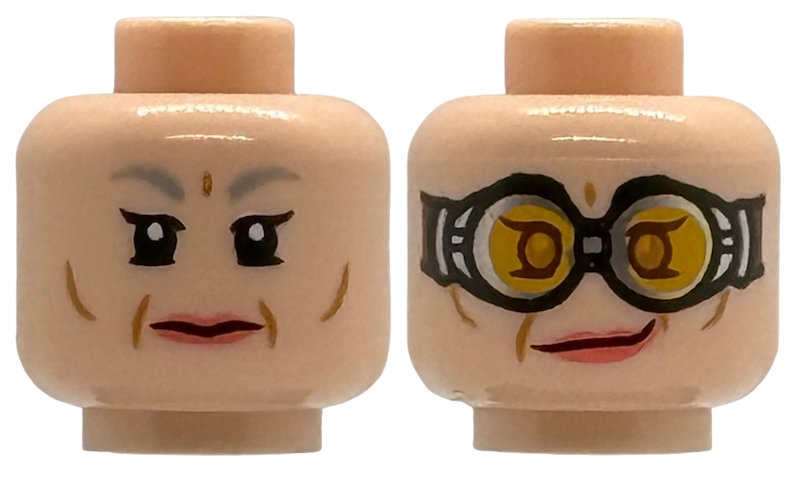 Minifigure, Head Dual Sided Female Light Bluish Gray Eyebrows, Single Eyelashes, Lower Eyelids, Medium Nougat Cheek and Jowl Lines, Coral Lips, Stern / Lopsided Grin, Silver Goggles with Bright Light Orange Lenses, Medium Nougat Eyes Pattern