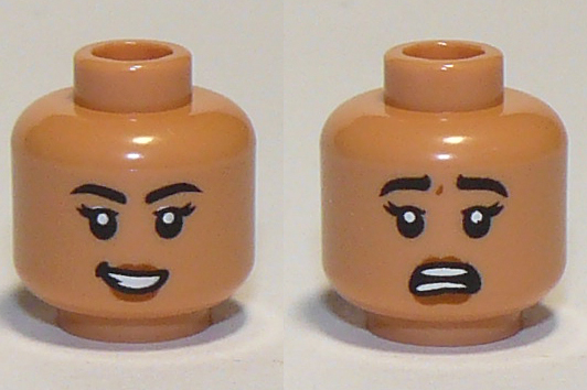 Minifigure, Head Dual Sided Female Black Eyebrows, Eyelashes, Dark Orange Lips, Lopsided Open Mouth Smile with Teeth / Scared and Teeth Parted Pattern