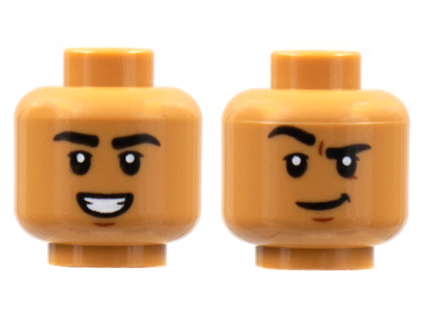 Minifigure, Head Dual Sided Black Eyebrows, Smile with Teeth / Grin with Raised Eyebrow Right Pattern