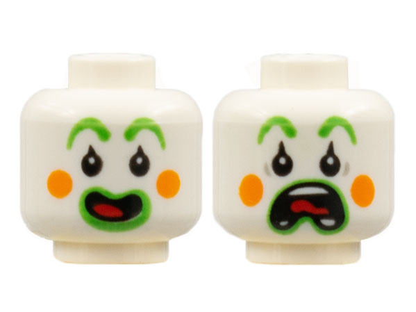 Minifigure, Head Dual Sided Clown Bright Green Eyebrows and Lips, Orange Circles on Cheeks, Red Tongue, Open Smile / Scared Pattern