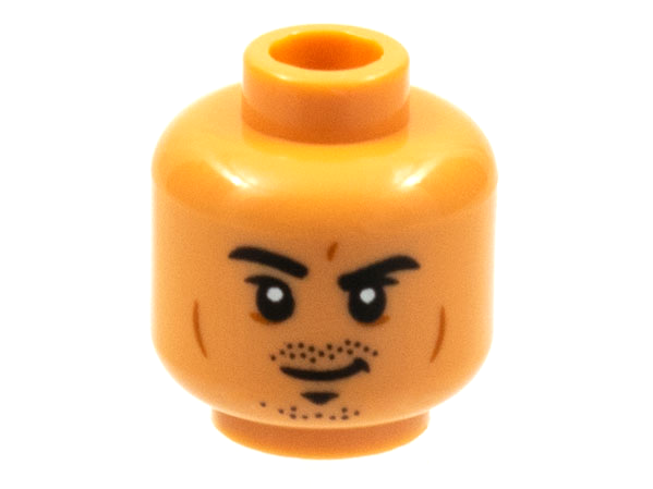 Minifigure, Head Black Eyebrows and Stubble, Eyebrow Raised Right, Dark Orange Cheek Lines Pattern